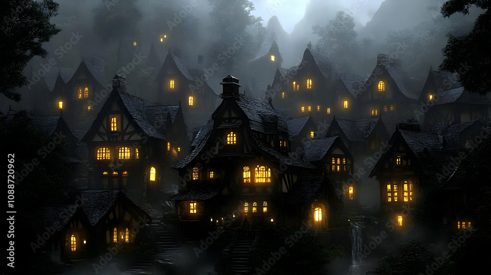Enchanted Village: Rain, Lights, & Medieval Homes