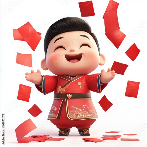 A festive 3D character in a Tang suit, surrounded by red envelopes on a white background photo