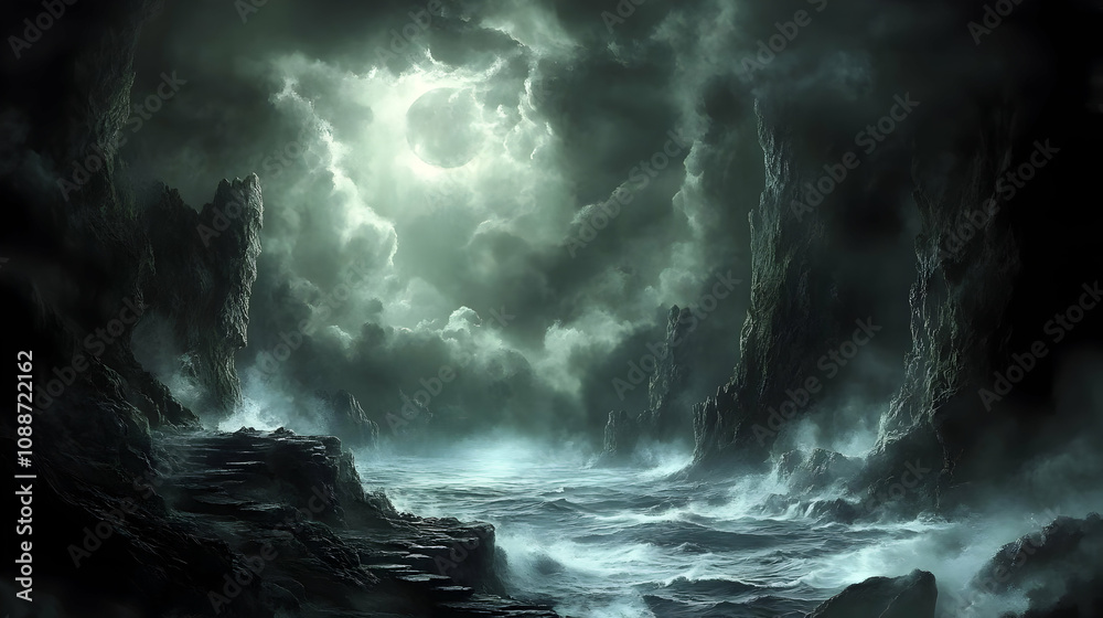 Stormy Seascape: Dark Cliffs, Moonlit Sky, Turbulent Waves Stormy Seascape: Dark Cliffs, Moonlit Sky, Turbulent Waves