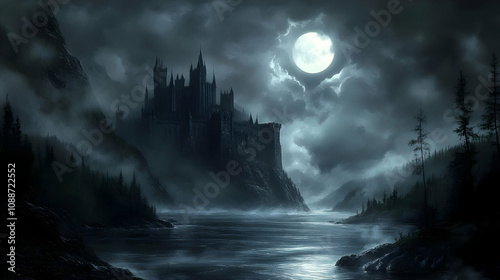 Dark Castle by Moonlit River: Fantasy Art, Night Scene, Gothic Architecture, Mysterious Landscape, Enchanting View,  Eerie Atmosphere, Magical Realm, Dreamlike Scenery, Serene Waters, Ancient Fortress