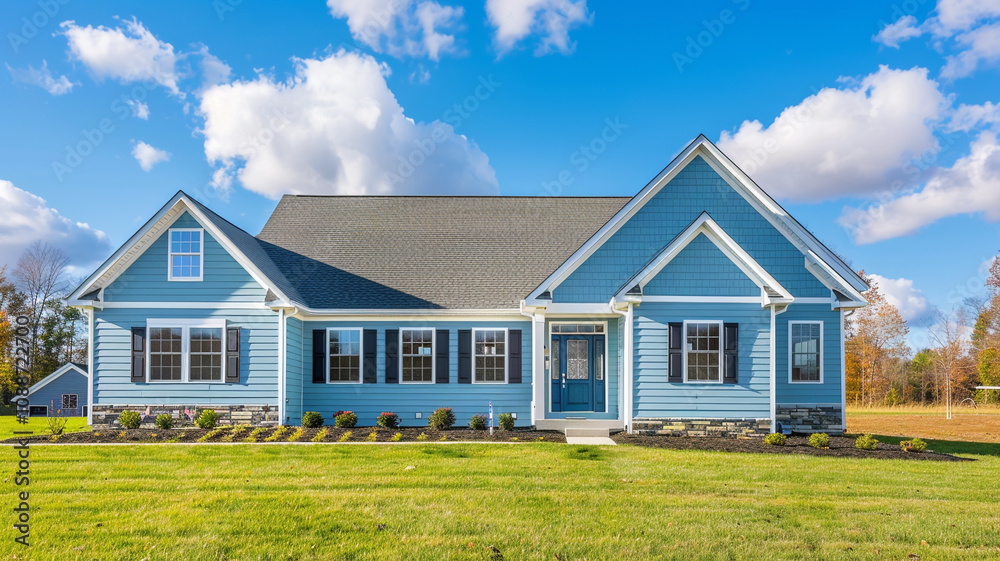 A serene sky blue home adorned with siding and shutters exudes charm amidst the tranquil surroundings of the suburban landscape on a sunny day. A serene sky blue home adorned with siding and shutters exudes charm amidst the tranquil surroundings of the suburban landscape on a sunny day.