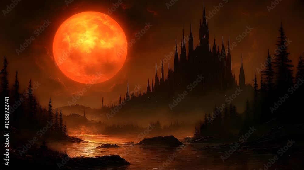 Crimson Moon Over Gothic Castle, Dark Fantasy Landscape Crimson Moon Over Gothic Castle, Dark Fantasy Landscape