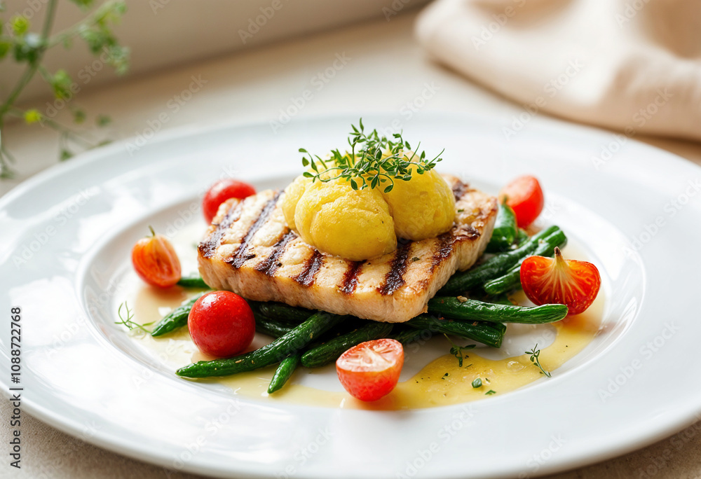 Grilled fish sits atop mashed potatoes and green beans. Grilled fish sits atop mashed potatoes and green beans.