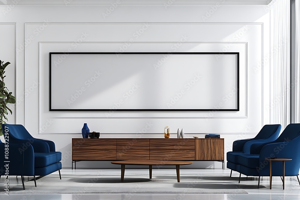 Modern Living Room with Wooden Cabinet and Blue Armchairs Modern Living Room with Wooden Cabinet and Blue Armchairs