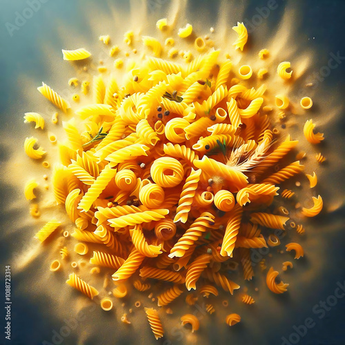 Fusillini, penne and other pasta, decoratively displayed in motion. Food AI photo