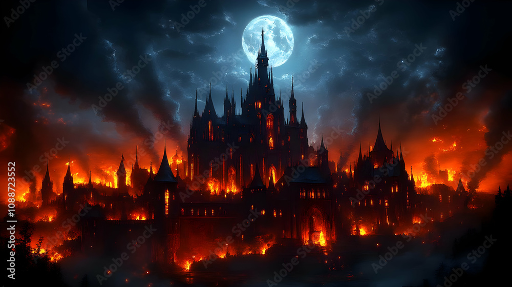Burning Castle under a Full Moon: Night Fantasy Art Burning Castle under a Full Moon: Night Fantasy Art