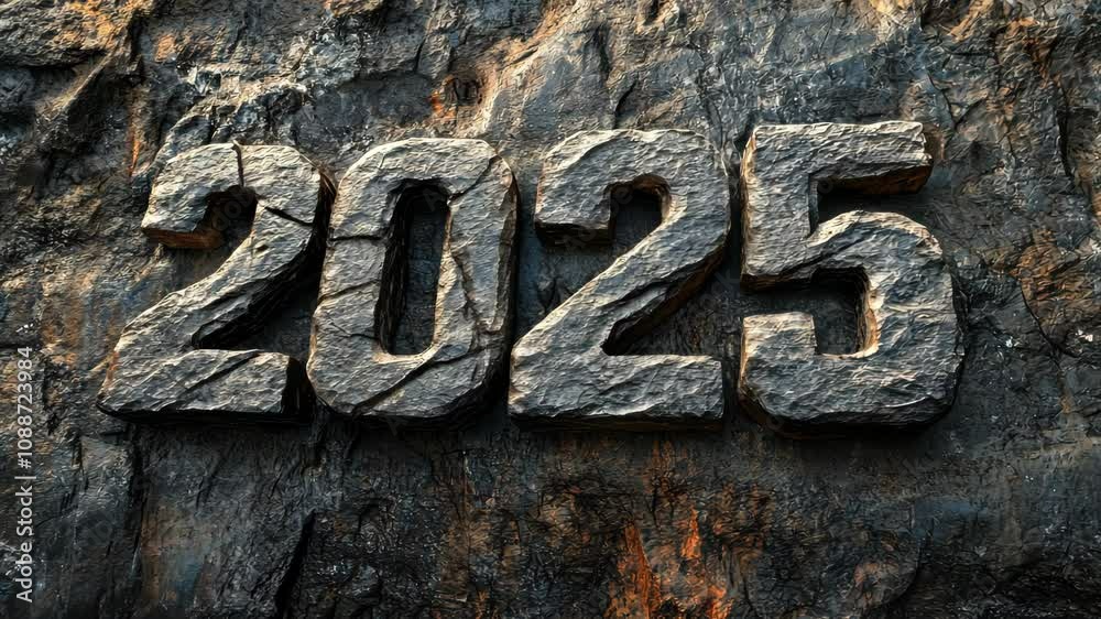 Crafting the year 2025 from stone on a rock surface Crafting the year 2025 from stone on a rock surface