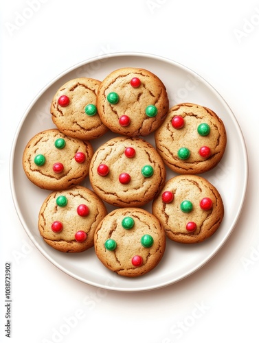 Cookies for Santa Claus with red and green candies on a plate isolated on a white background