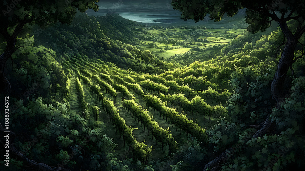 Vineyard Hills: Lush Green Rows Bask in Sunlight Vineyard Hills: Lush Green Rows Bask in Sunlight