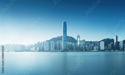 Skyscraper skyline reflection hong kong urban landscape serene waters panoramic view cityscape beauty