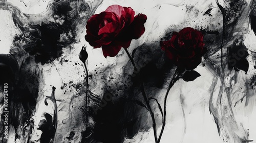Fototapeta Naklejka Na Ścianę i Meble -  Two red roses with black and white abstract background.
