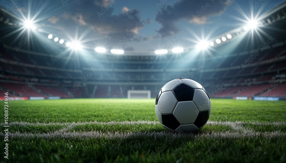 Fototapeta premium A soccer ball rests on green grass near a stadium.