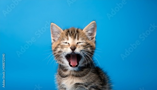 a yawning tabby kitten against a bright blue background