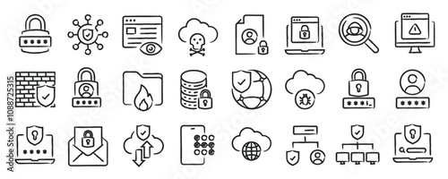 Cyber security hand drawn doodle sketch style line icons