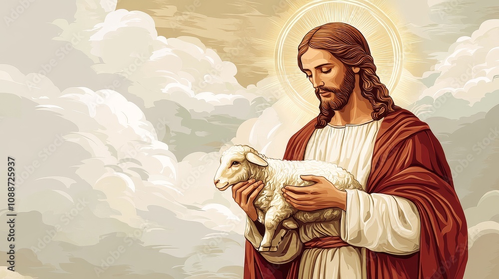 Fototapeta premium Jesus A man holding a lamb in his arms, with a cross in the background
