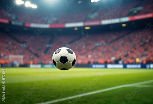 A soccer ball flies above a stadiums grassy field.