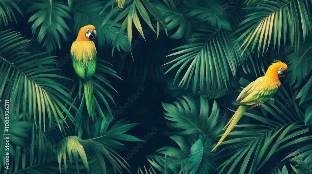 Fototapeta premium Tropical-themed wallpaper adorned with lush palm leaves and exotic birds, using shades of emerald green and sunny yellow to evoke a warm, island feel.