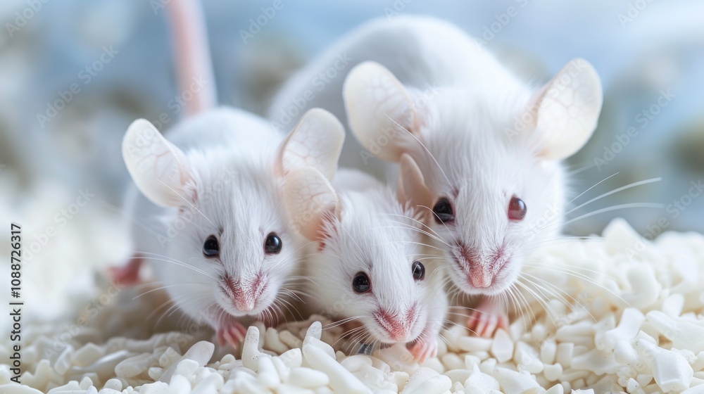 White Mice. Closeup of Albino Mother Mouse with Pups on White Background White Mice. Closeup of Albino Mother Mouse with Pups on White Background