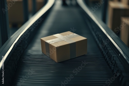 Package processing on conveyor belt warehouse industrial workflow indoor close-up logistics overview for efficient delivery