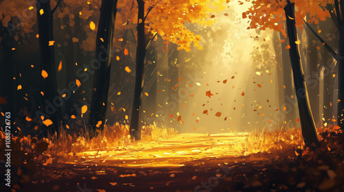 Autumn forest path with falling leaves, warm golden hues, and soft light.