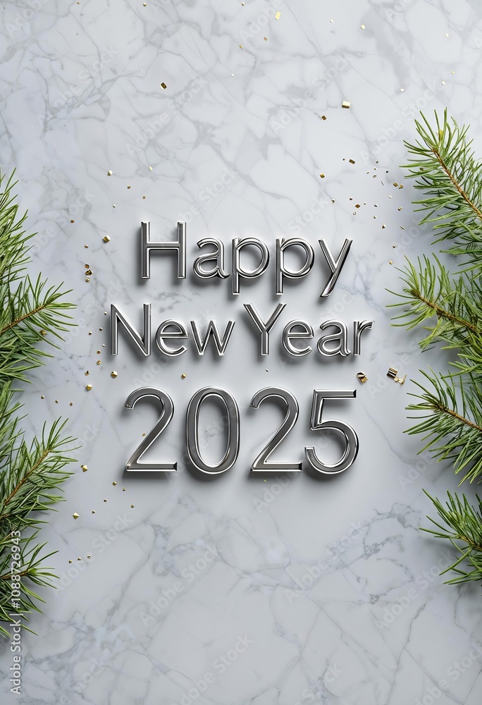 Elegant Happy New Year 2025 in Chrome on Marble, Perfect for Festive Celebration Elegant Happy New Year 2025 in Chrome on Marble, Perfect for Festive Celebration