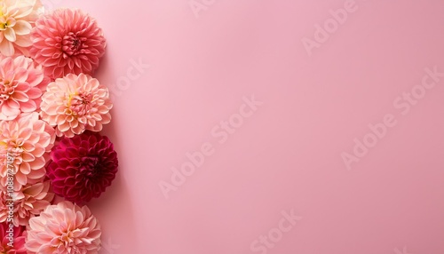 beautiful dahlia flowers on side of pastel pink background