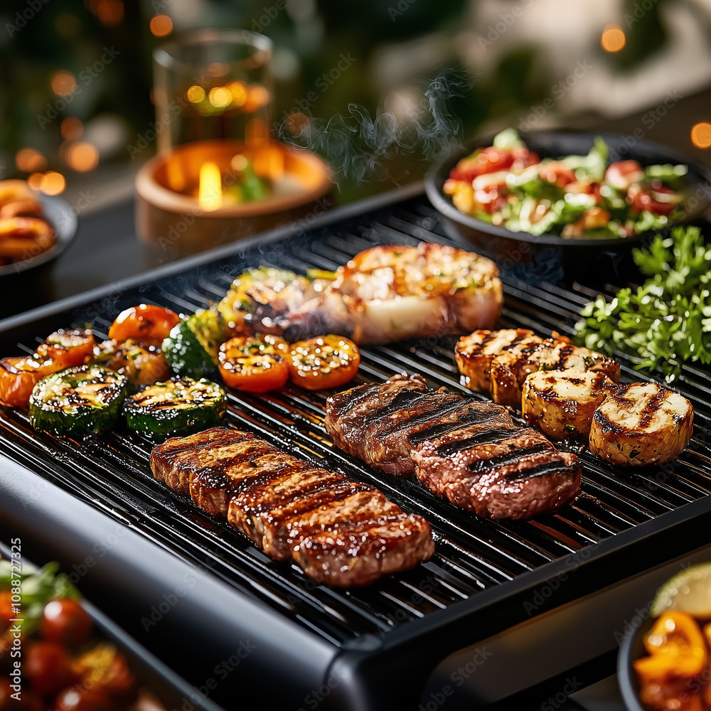 Delicious grilled meat, vegetables and cheese being prepared on a barbecue grill during a garden party on a warm summer evening Delicious grilled meat, vegetables and cheese being prepared on a barbecue grill during a garden party on a warm summer evening