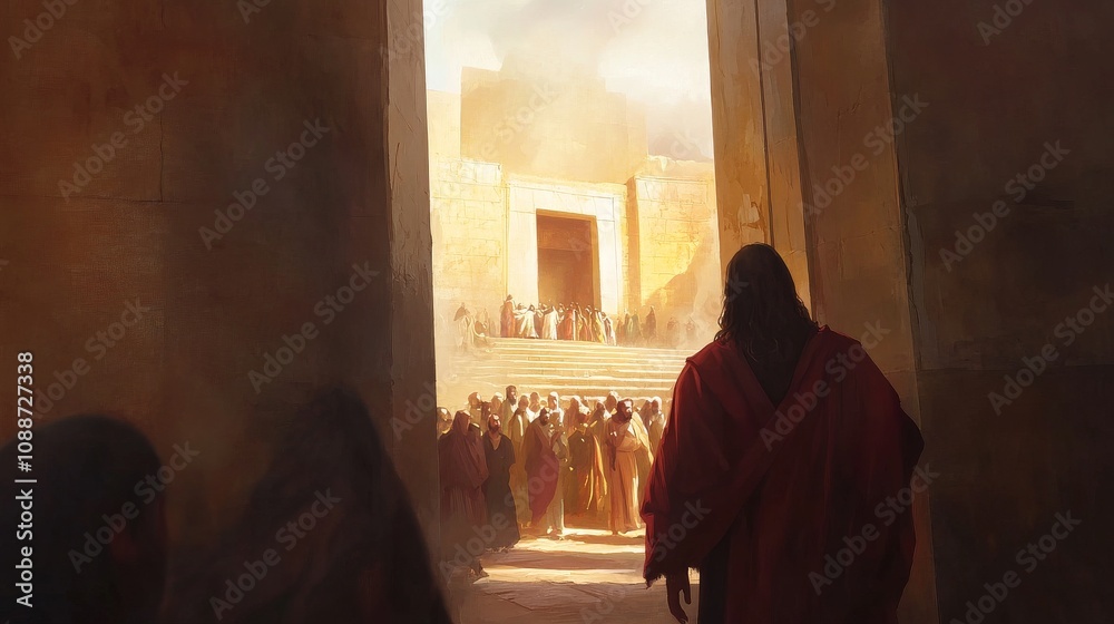 Naklejka premium Jesus A man in a red robe walks through a crowd of people