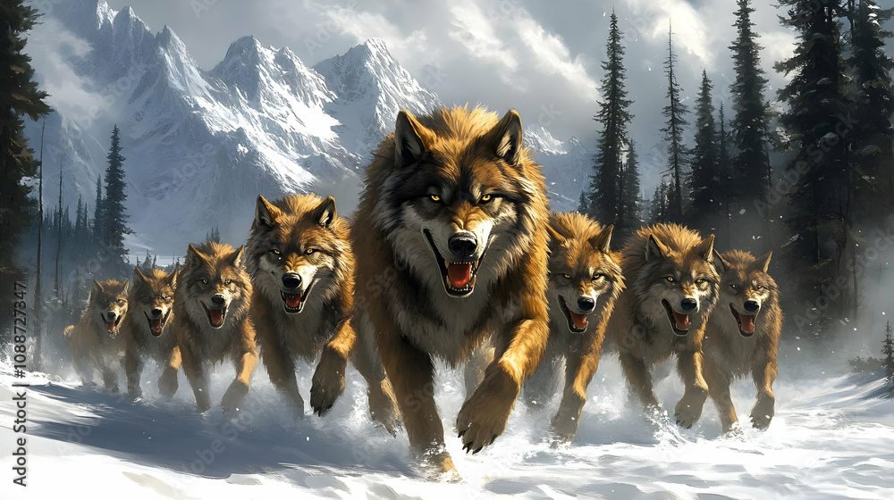 Naklejka premium Wolves Running Through Snowy Mountains Wildly