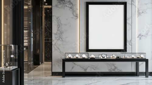 High-End Watch Boutique Poster Mockup: Premium Display with Backlit Onyx Wall, Glass Cases, and Luxury Retail Aesthetics in Stunning 36x48 Format. photo