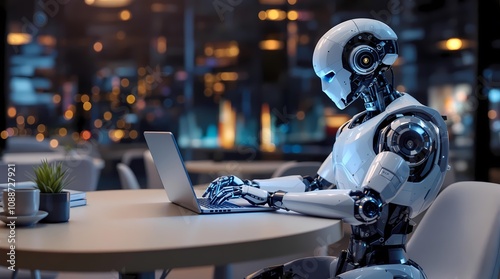 Futuristic robot, office setting, typing on laptop, glowing blue eyes