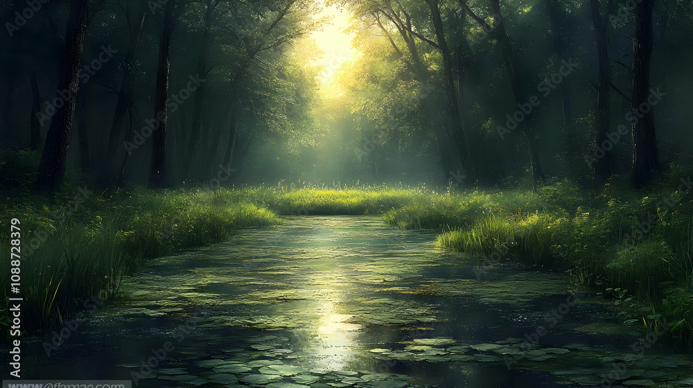 Naklejka premium Sunlit Forest Stream: Serene Nature Scene, Tranquil Waters, Lush Greenery, Magical Atmosphere, Peaceful Escape, Mystical Woodland, Dreamlike River, Sunlight Through Trees, Calm Water, Green Foliage.