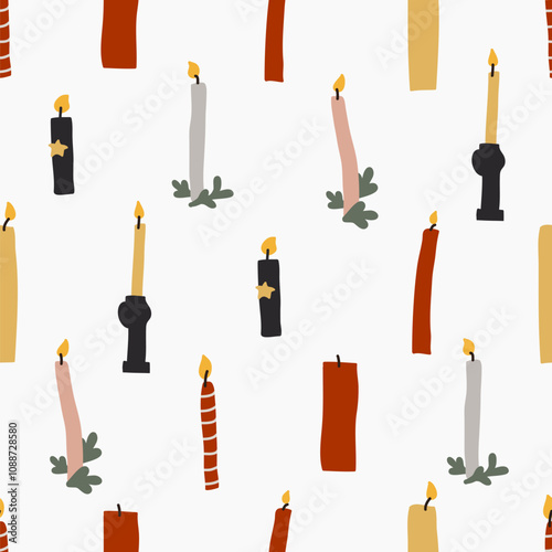 Handmade seamless pattern of tallow candles. Wrapping paper concept. Naive vector illustration, childs drawing. vintage candles backdrop for relaxing, aromatherapy, handcrafts, candle making