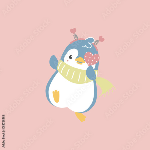 cute and lovely penguin holding heart, happy valentine's day, love concept, flat vector illustration cartoon character costume design