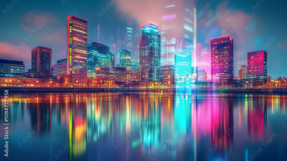 Fototapeta premium Vibrant cityscape at night, reflected in calm water.
