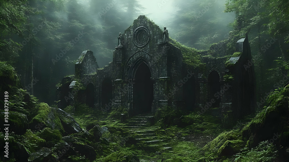 Ancient Stone Ruins Overgrown in Lush Forest Ancient Stone Ruins Overgrown in Lush Forest