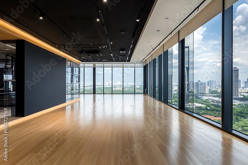 Modern minimalist room with wide, airy glass windows and city reflection.