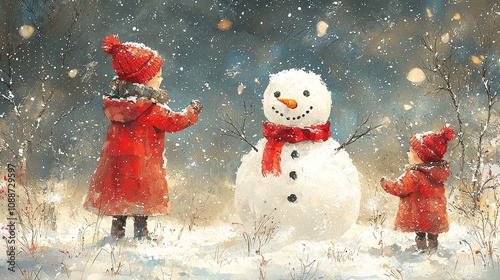 Children playing in snow with a snowman in winter landscape