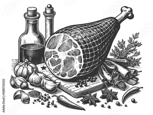 Spanish jamon cured ham surrounded by garlic, spices, and herbs, evoking rustic culinary charm sketch engraving generative ai vector illustration. Scratch board imitation. Black and white image.
