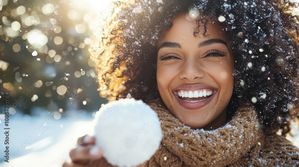 Joyful woman smiling with snowball winter wonderland outdoor portrait natural light happiness concept Joyful woman smiling with snowball winter wonderland outdoor portrait natural light happiness concept