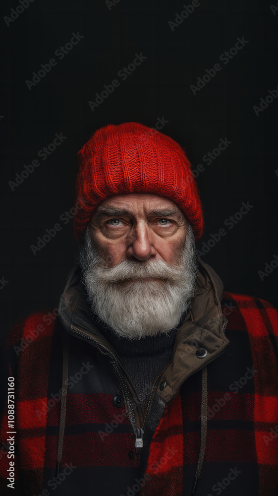 Older man wearing a red beanie and plaid jacket against a dark background Older man wearing a red beanie and plaid jacket against a dark background