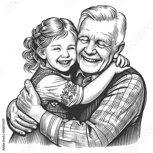 joyful grandfather embracing his smiling granddaughter, family love and generational bonds sketch engraving generative ai vector illustration. Scratch board imitation. Black and white image