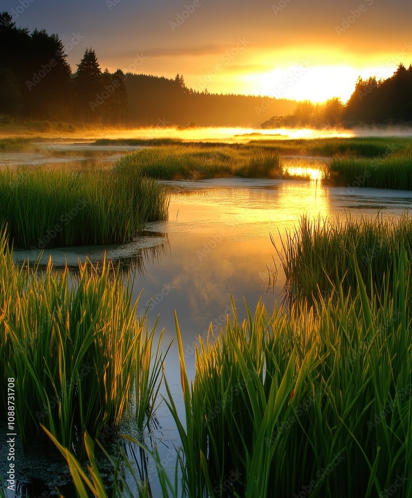 Captivating Sunset Over Serene Wetlands: A Tranquil Landscape of Reflections and Nature's Bounty Perfectly Captured Captivating Sunset Over Serene Wetlands: A Tranquil Landscape of Reflections and Nature's Bounty Perfectly Captured