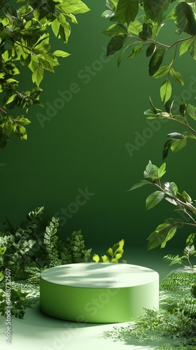 Green product display podium surrounded by lush foliage, creating a natural, eco-friendly backdrop for showcasing items in a fresh, organic setting. photo