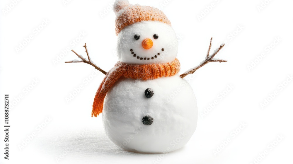 A friendly snowman with a carrot nose stands isolated on a white background