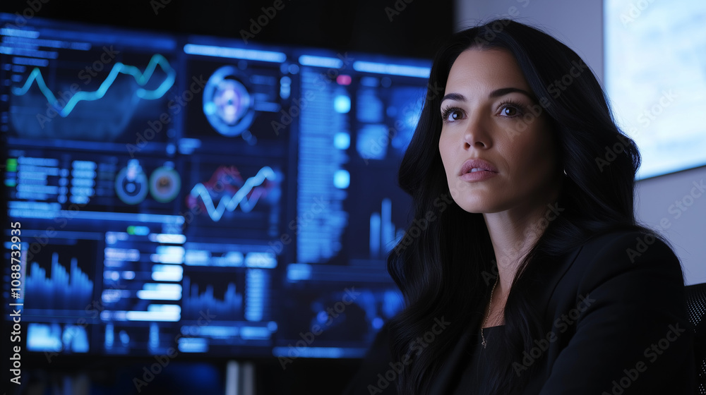 A focused professional analyzes data on multiple screens, showcasing technology and analytics in a sleek, modern environment. A focused professional analyzes data on multiple screens, showcasing technology and analytics in a sleek, modern environment.
