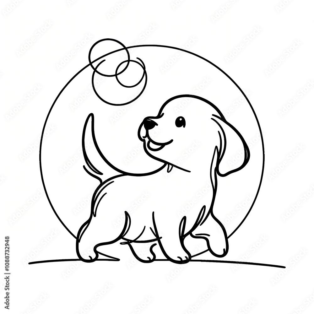 Fototapeta premium Playful puppy chasing bubbles line art illustration