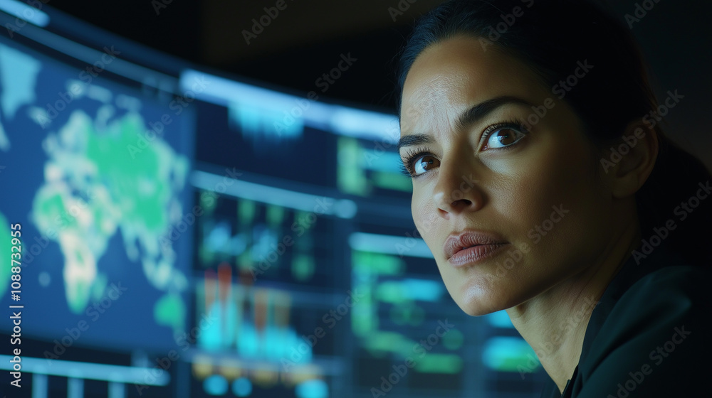 A woman analyzes data on multiple screens, showcasing a high-tech environment with maps and statistics. A woman analyzes data on multiple screens, showcasing a high-tech environment with maps and statistics.
