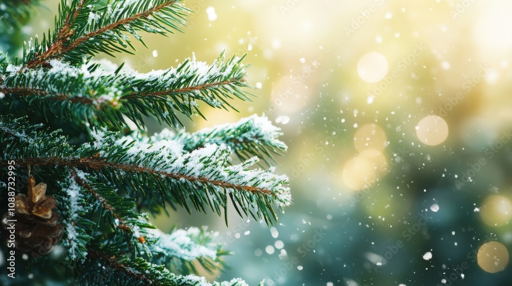 Close-up of Snow-Covered Pine Branch with Blurred Background Close-up of Snow-Covered Pine Branch with Blurred Background