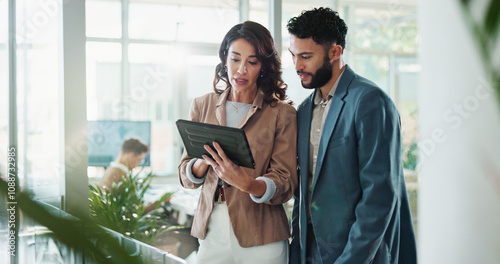 Tablet, discussion and business people in office with report for break in finance stock market. Meeting, digital technology and financial advisors with online revenue, profit or equity research.